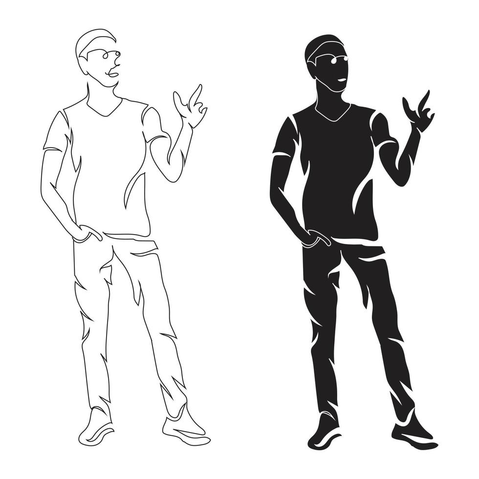 Boy finger indicate line art drawing style, the boy sketch black linear isolated on white background, the boy line art vector illustration.