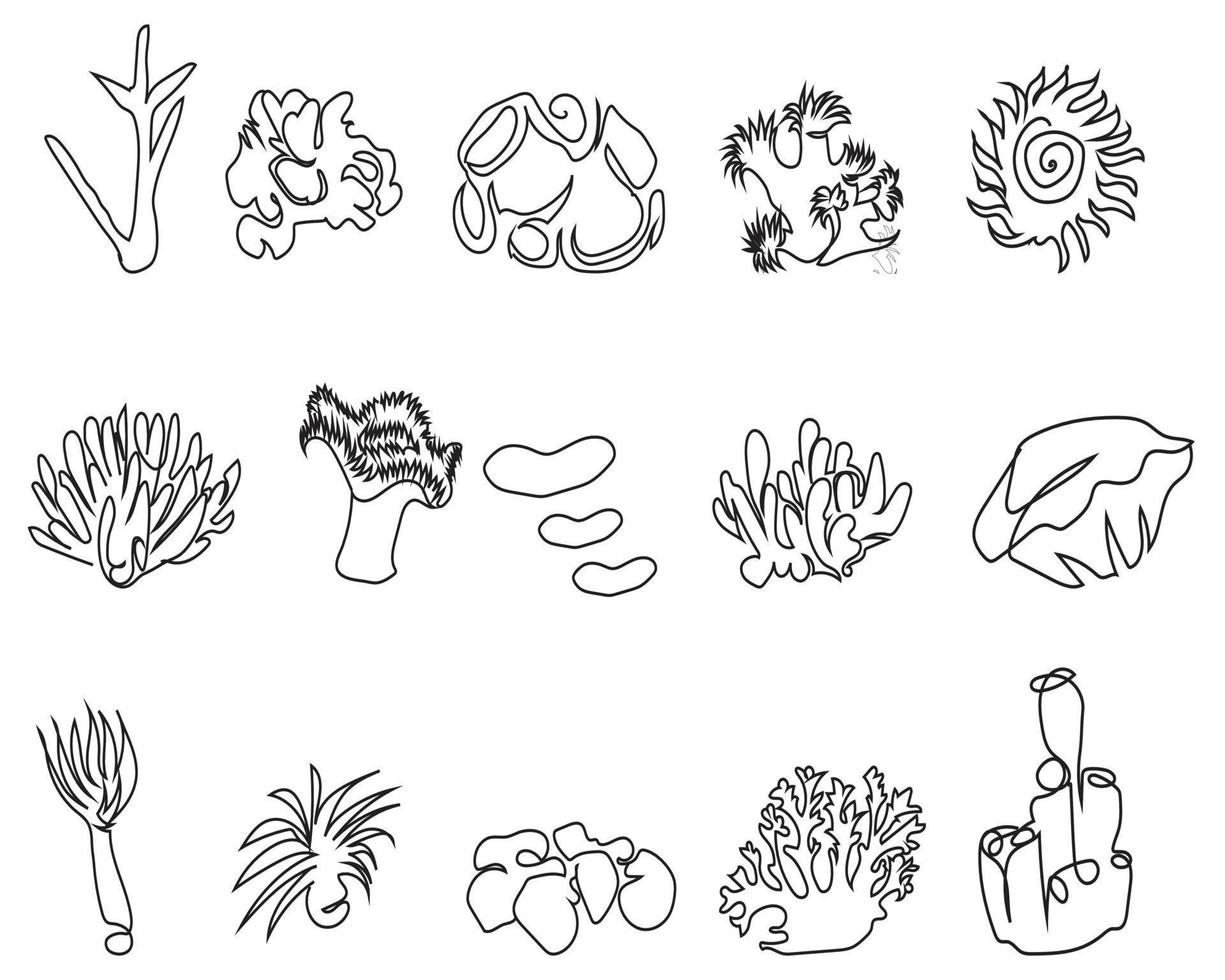 Sea under water elements line art drawing style, the elements sketch black linear isolated on white background, the best sea underwater elements line art vector illustration.