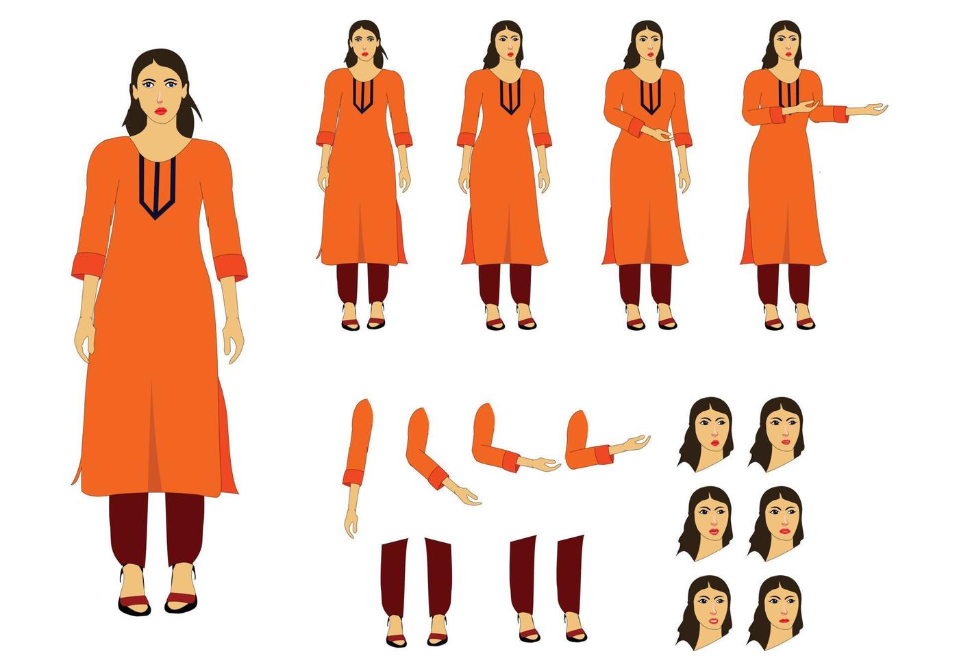 Indian Girl cartoon character set. moral stories for the best cartoon character. the character best for your animation videos. vector