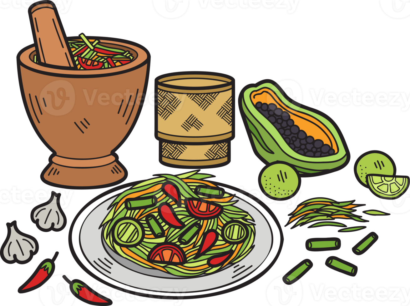 Hand Drawn papaya salad with Thai food illustration png