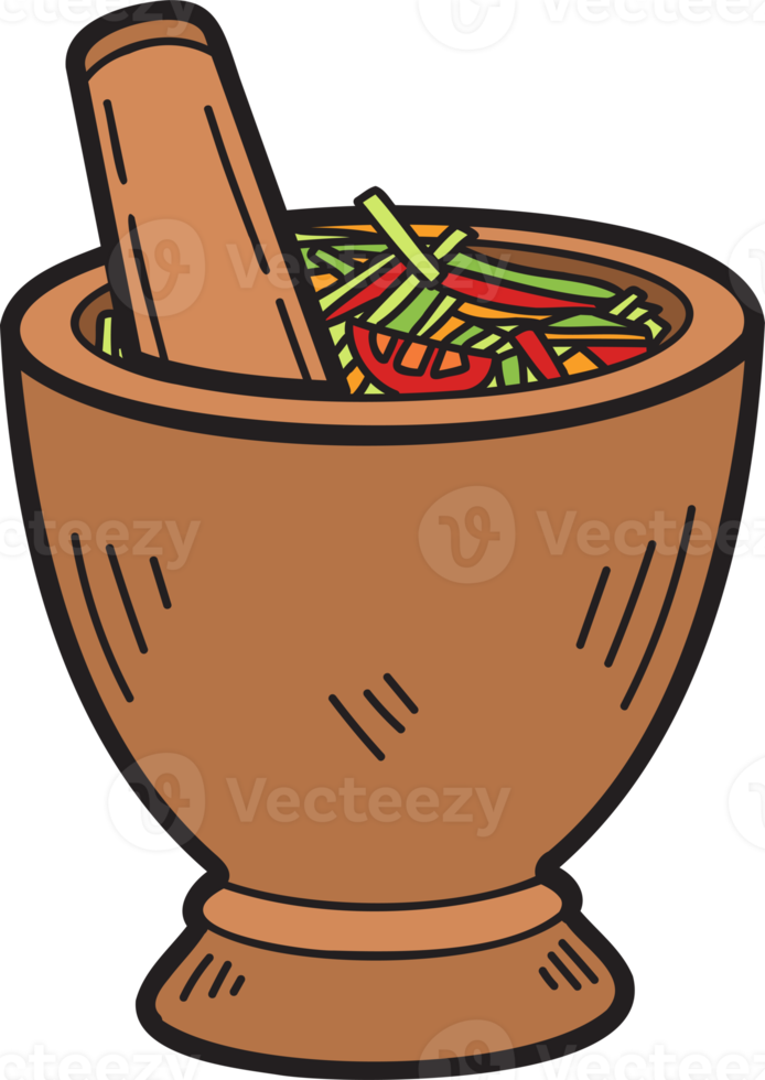 Hand Drawn papaya salad with mortar illustration png