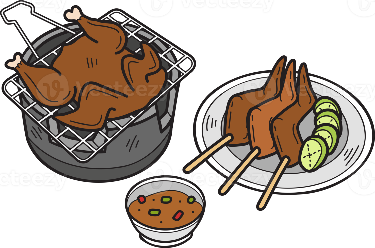 hand gezeichnete gegrillte huhn- und thailändische brazierillustration png