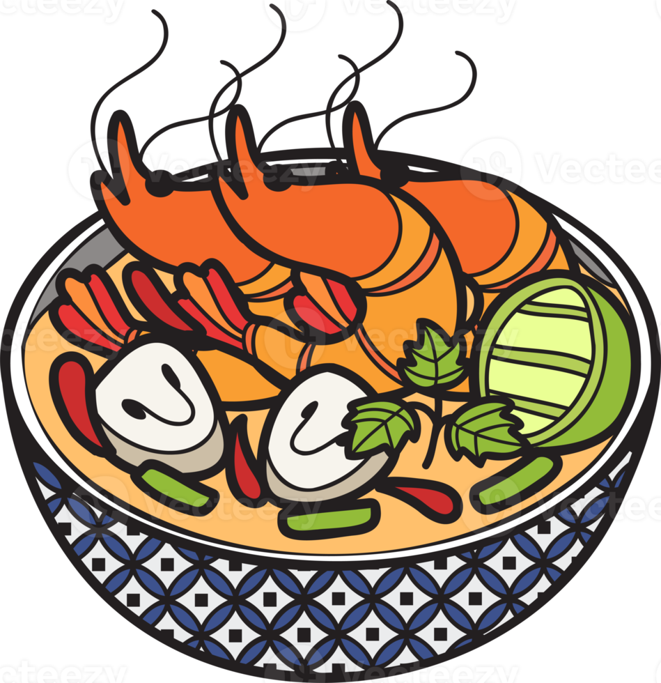 sopa de gambas picante dibujada a mano o ilustración de comida tailandesa png