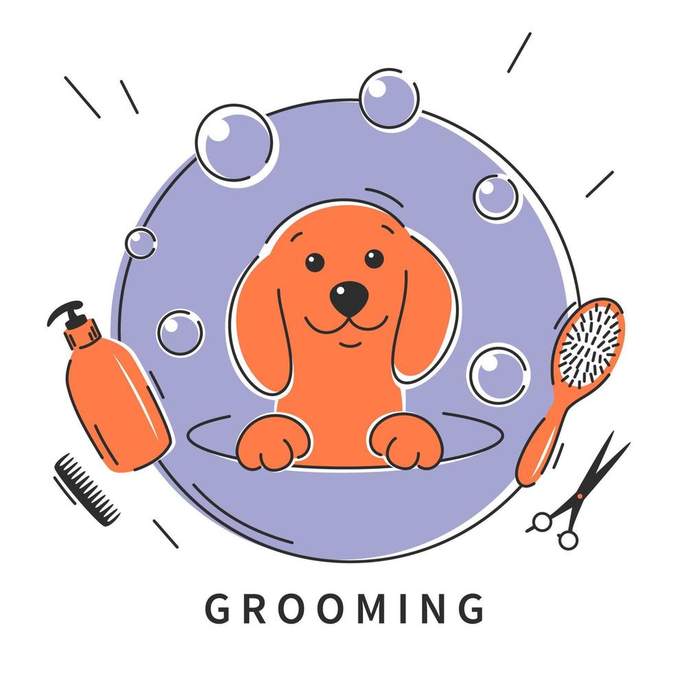 aseo de mascotas caninas. logotipo del salón de peluquería animal, cortes de pelo, baño. perro de dibujos animados tomando un baño lleno de espuma jabonosa.ilustración vectorial vector