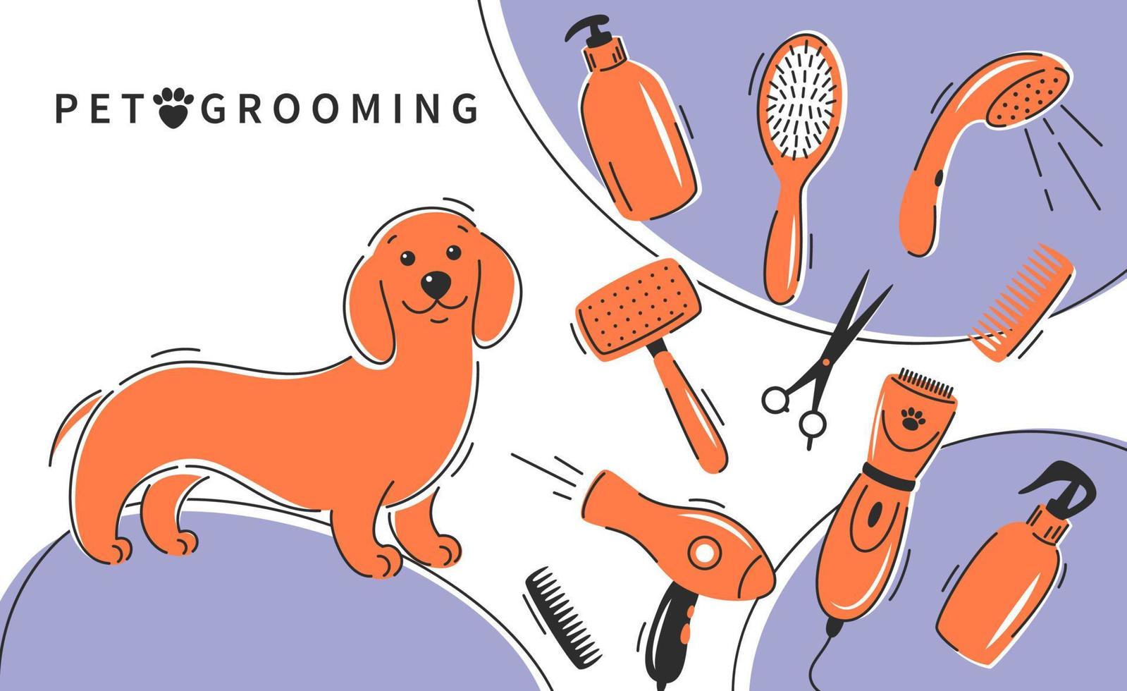 Pet grooming. Cute dog with different tools for animal hair grooming, haircuts, bathing, hygiene. Pet care salon concept. Vector illustration