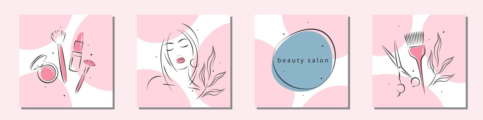 Beauty salon logo set. Makeup and hairdressing. Beautiful woman face, lipstick, blusher, cosmetic brush, scissors and hair brush. Vector illustrations