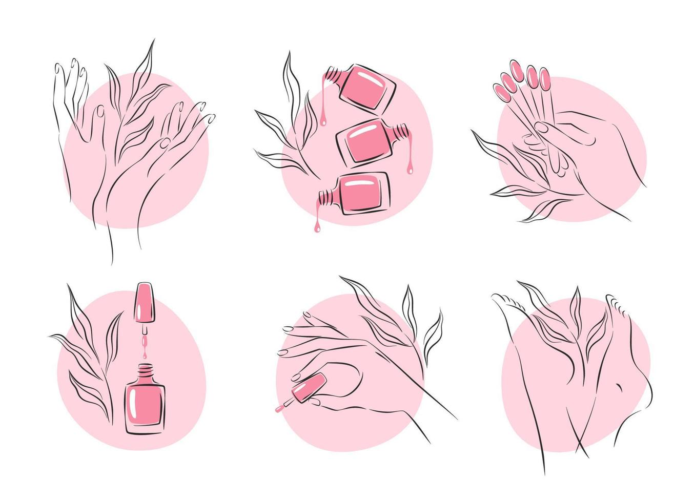conjunto de elementos e iconos para estudio de uñas. esmalte de uñas, cepillo de uñas, manos y piernas femeninas cuidadas. ilustraciones vectoriales vector