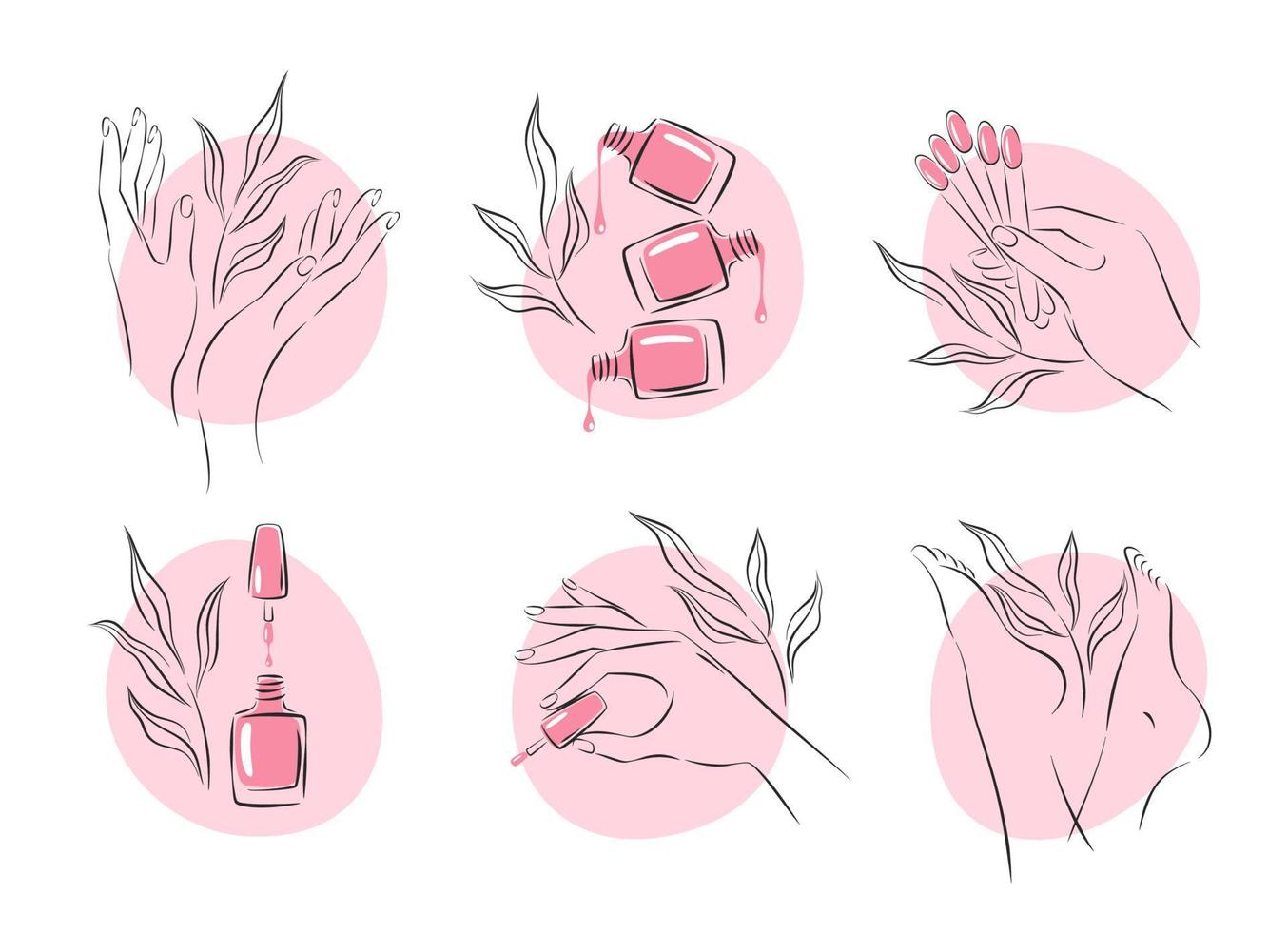 Set of elements and icons for nail studio. Nail polish, nail brush, manicured female hands and legs. Vector illustrations