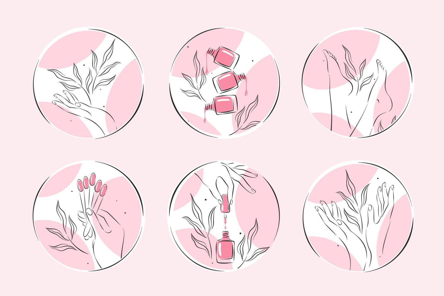 conjunto de iconos para estudio de uñas o salón. esmalte de uñas, cepillo de uñas, manos y piernas femeninas cuidadas. ilustraciones vectoriales vector