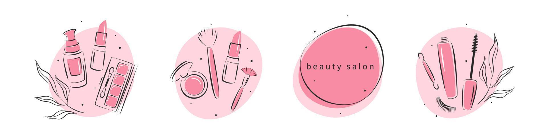 Beauty salon logos set. Makeup tools, cosmetic brushes, lipstick, blush, eyelash extension, brows. Vector illustration