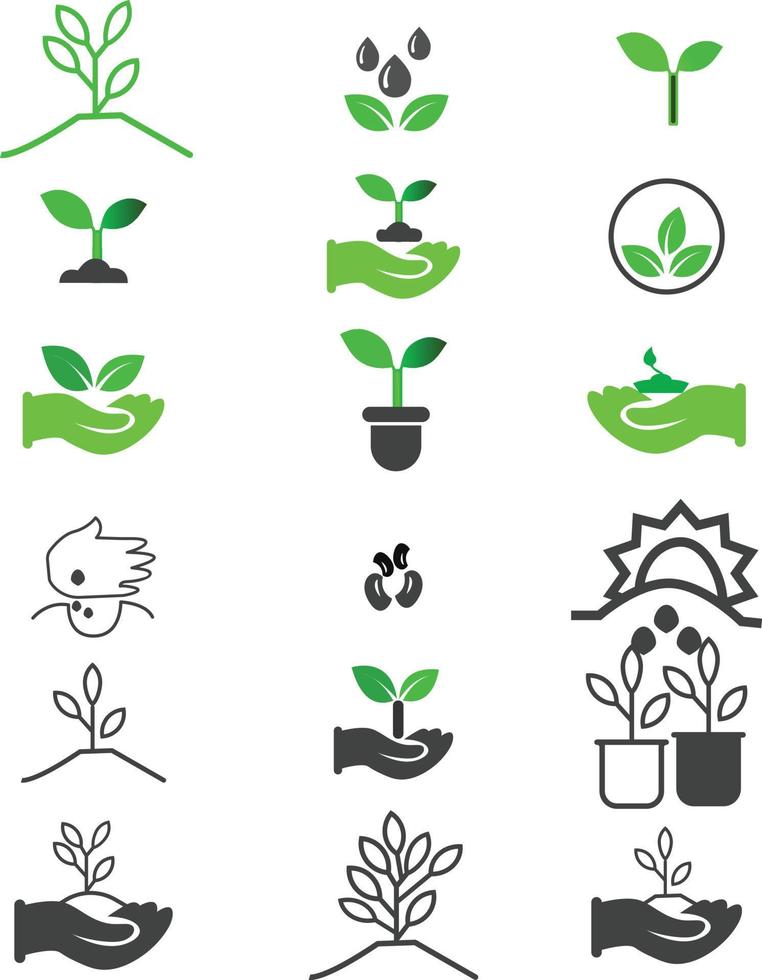 Vector set of symbols of agriculture. Illustration of hands with seeds and sprout. Growth of plants on early stages