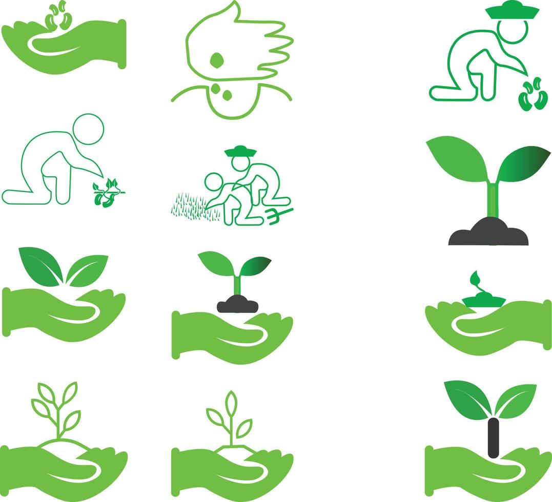 Vector set of symbols of agriculture. Illustration of hands with seeds and sprout. Growth of plants on early stages