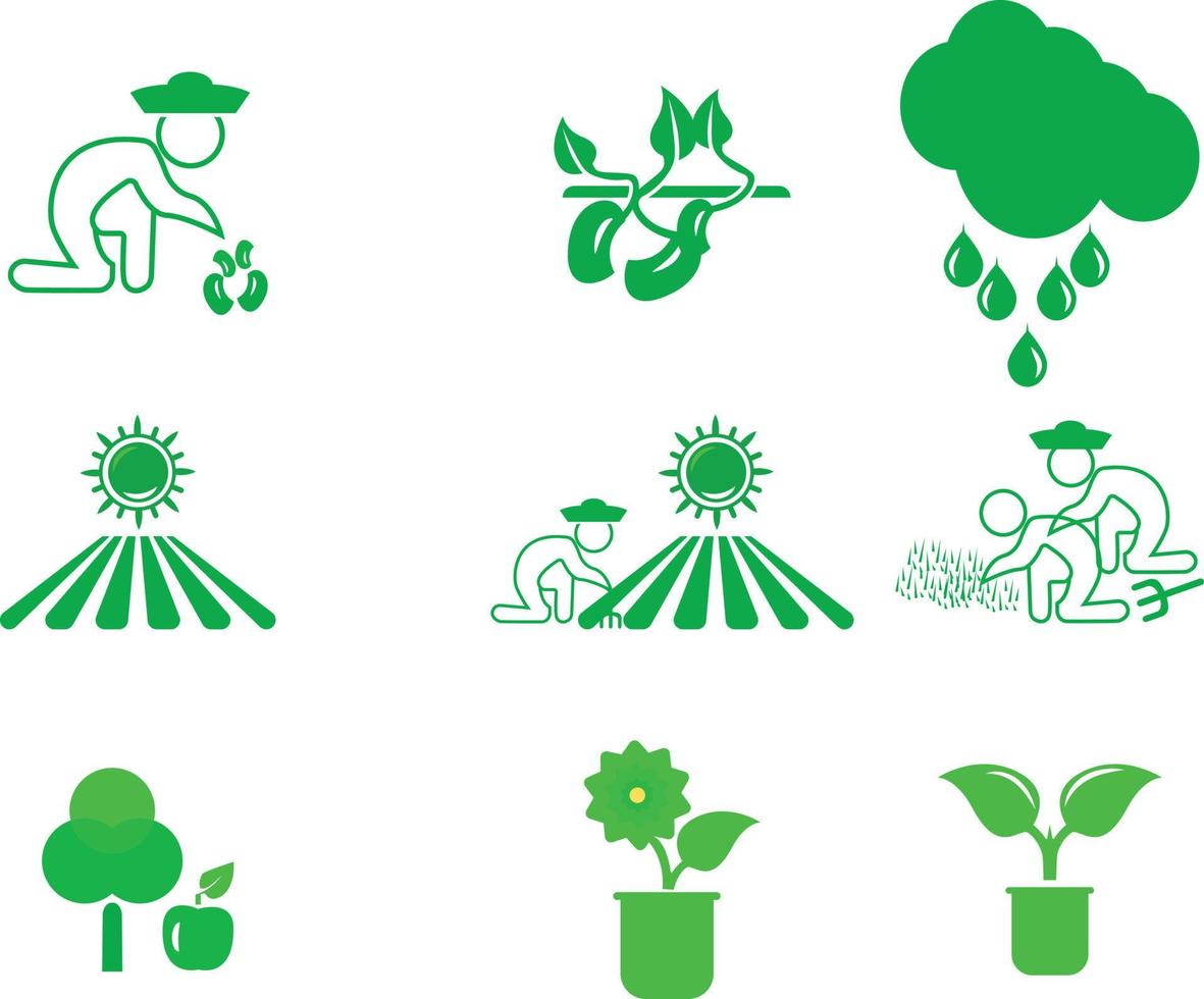 conjunto vectorial de símbolos de la agricultura. ilustración de manos con semillas y brotes. crecimiento de plantas en etapas tempranas vector