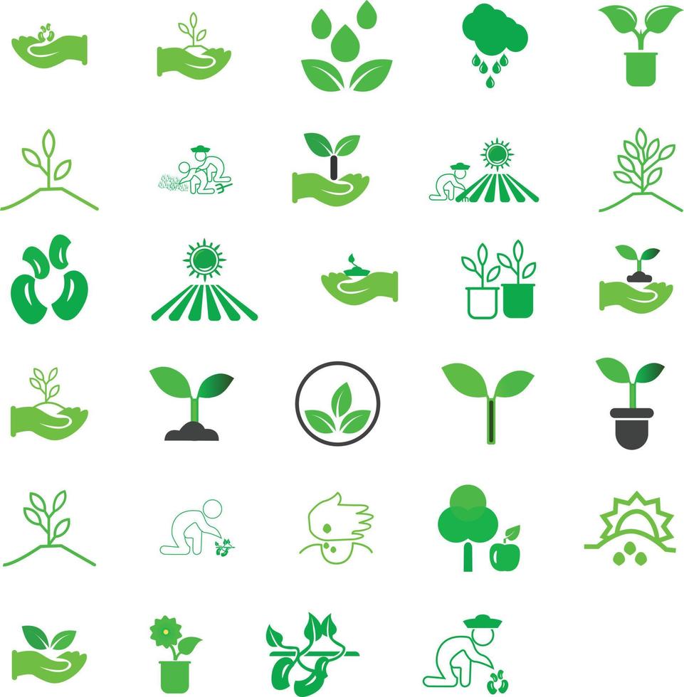 Vector set of symbols of agriculture. Illustration of hands with seeds and sprout. Growth of plants on early stages