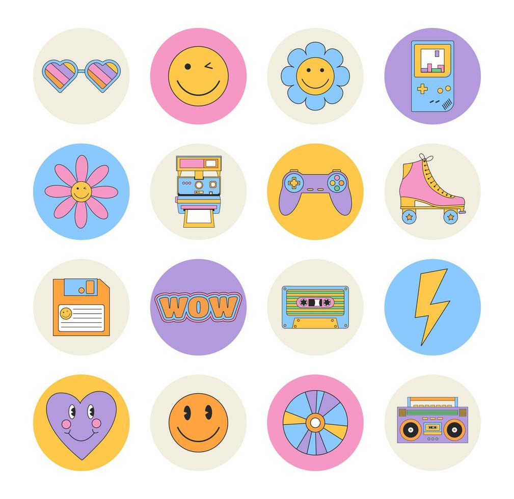 Highlights cover, posts and stories for social media. Hippie retro vintage icons in 70s-80s style. Instagram highlights cover icons. vector