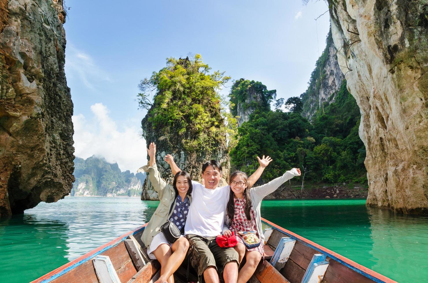 Happy family travel boat Guilin of Thailand photo