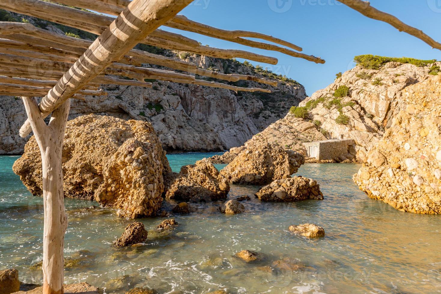 Turquoise waters in Es Portitxol, Ibiza, Spain. Hidden bay on the Island of Ibiza, in Sant Joan de Labritja. photo