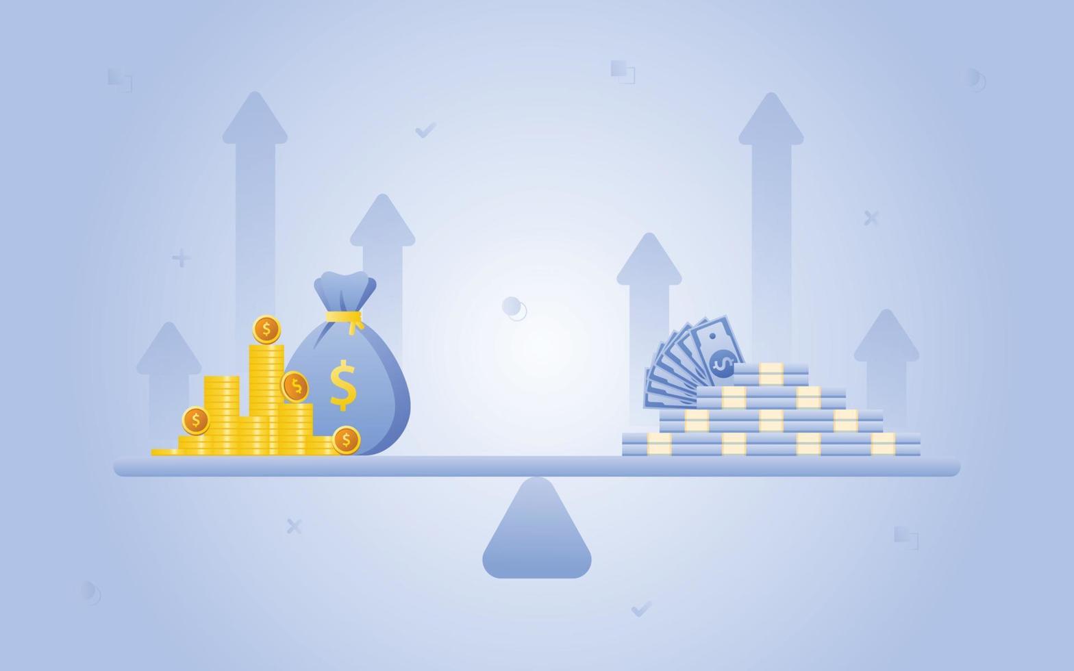 Financial management concept and investment, Flat design of payment and finance with money, cash, banknote, calculator, credit card, pile coins and coins stack. Vector Illustration and banner template