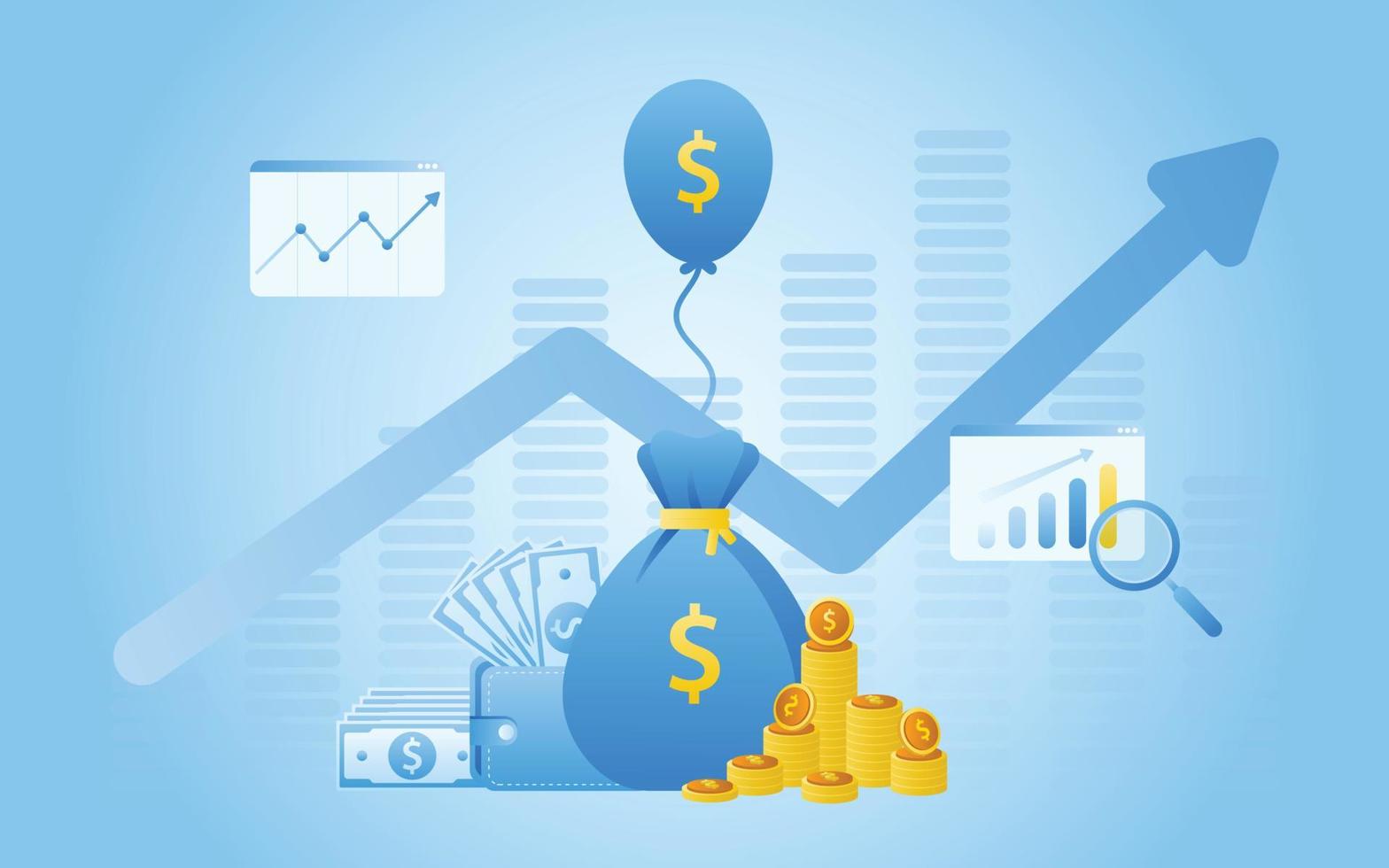 Financial management concept and investment, Flat design of payment and finance with money, cash, banknote, calculator, credit card, pile coins and coins stack. Vector Illustration and banner template