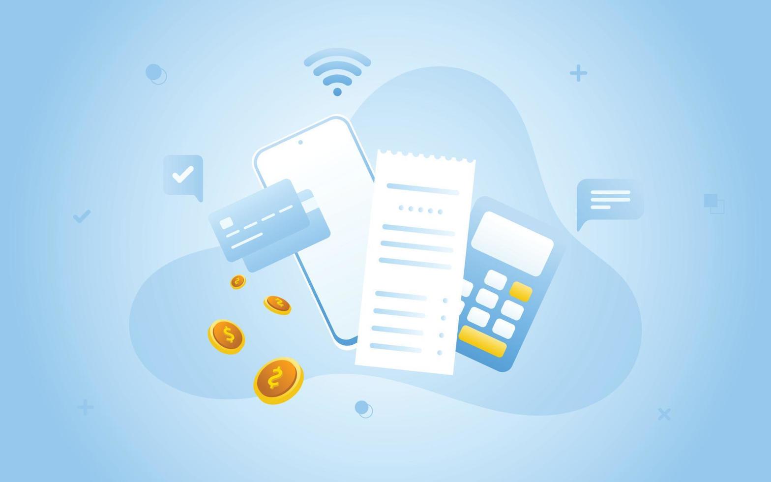 Financial management concept and investment, Flat design of payment and finance with money, cash, banknote, calculator, credit card, pile coins and coins stack. Vector Illustration and banner template