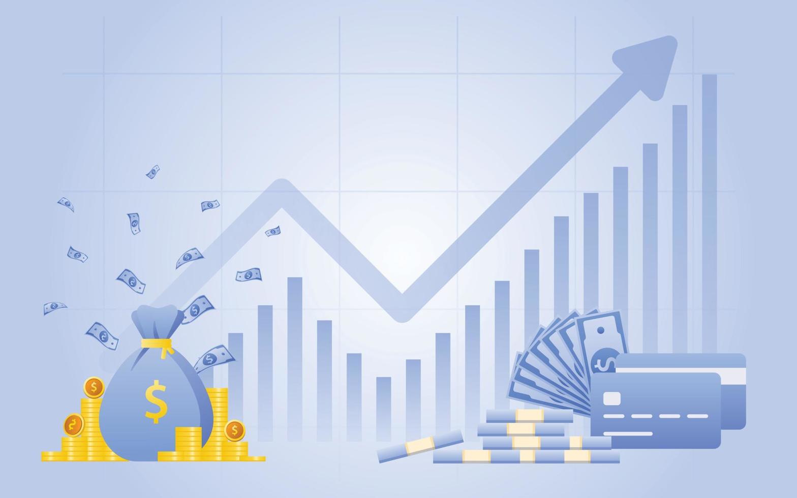 Financial management concept and investment, Flat design of payment and finance with money, cash, banknote, calculator, credit card, pile coins and coins stack. Vector Illustration and banner template