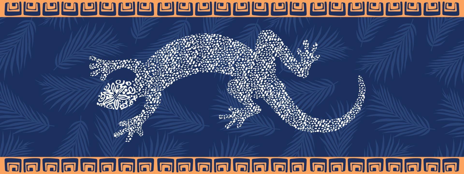 Tenerife Beach Towel Design with Dotted Lizard. Palm tree leafs in the background. Spanish graphic for textiles, apparel and web graphics. Vector illustration. Tattoo silhouette. Summer drawing.