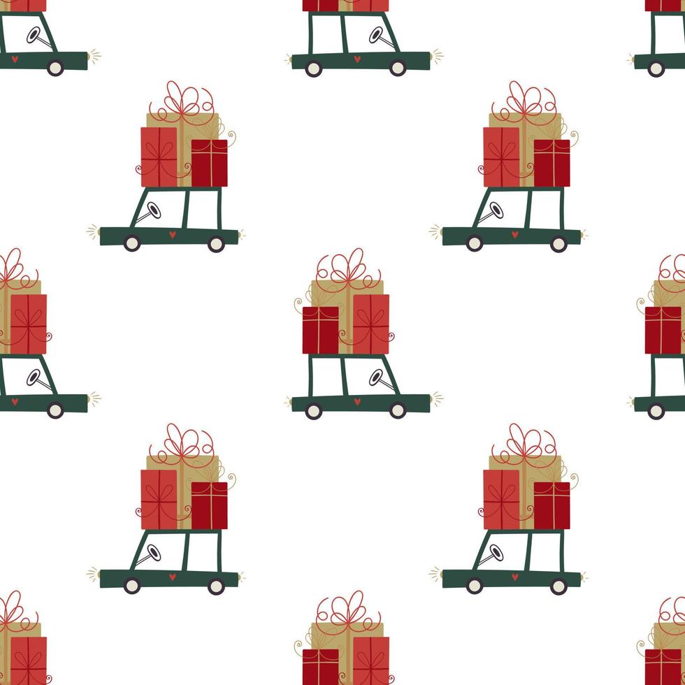 Green retro toy car delivering gift box for winter holidays. Seamless festival doodle pattern vector