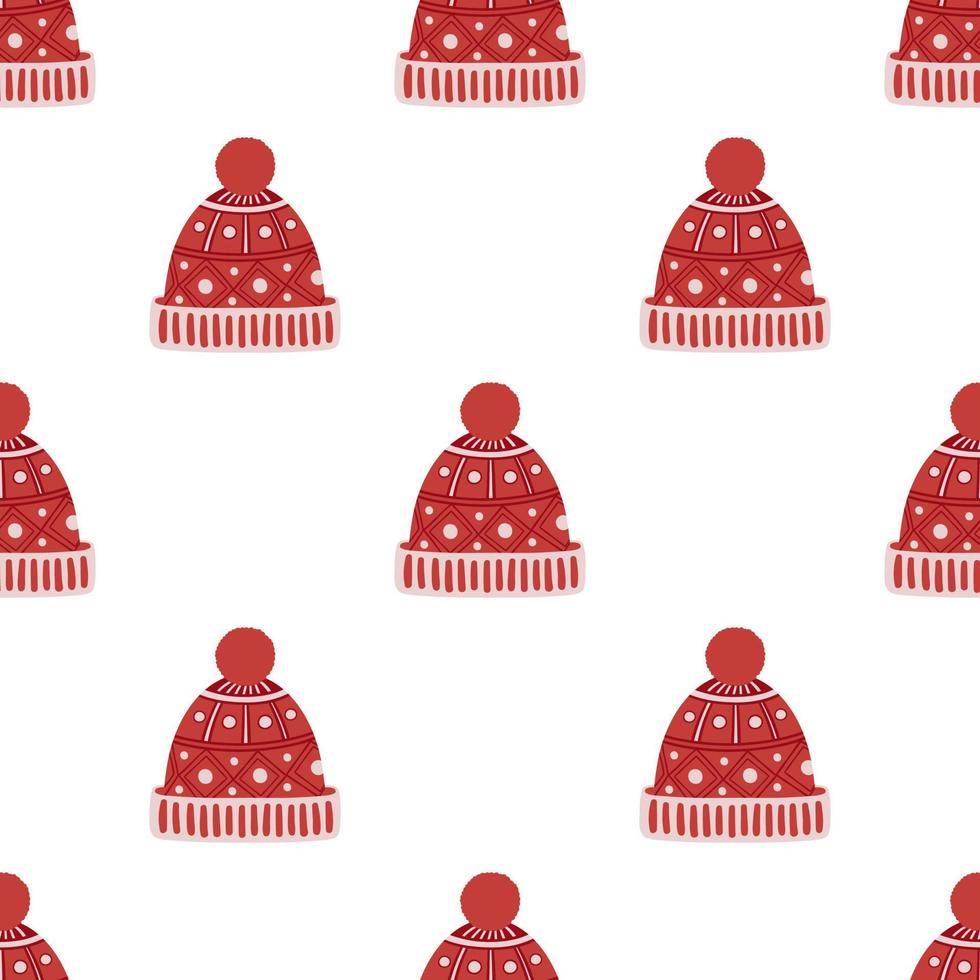 Red knitted winter hat. Simple and festive seamless pattern vector