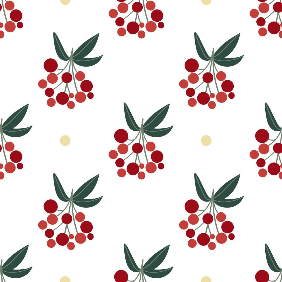 Viburnum. Twigs with red berries and a green leaves and golden dots. Winter floral seamless pattern. vector