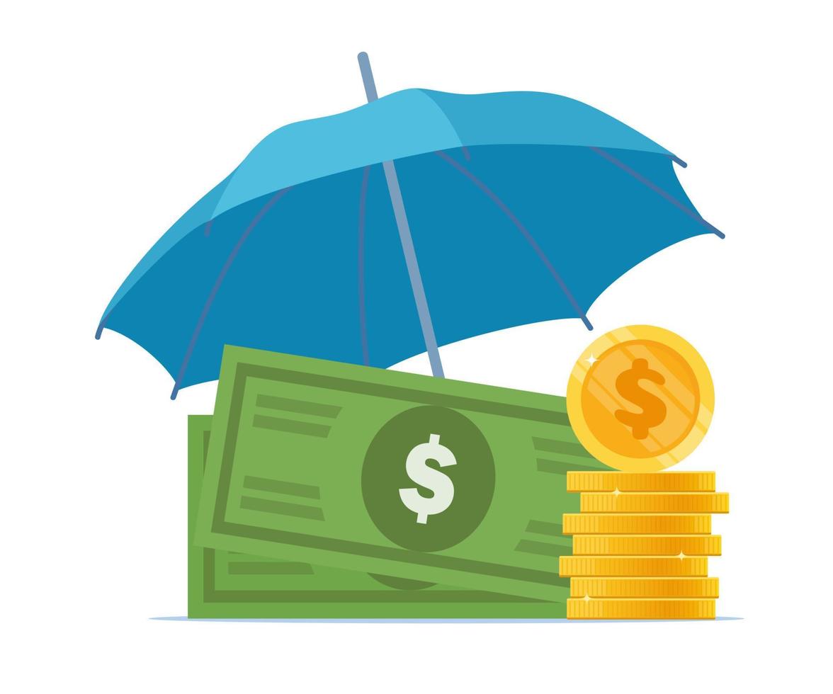 Money under umbrella. Concept of money protection, financial savings. Blue umbrella, big pile of cash. Vector illustration.