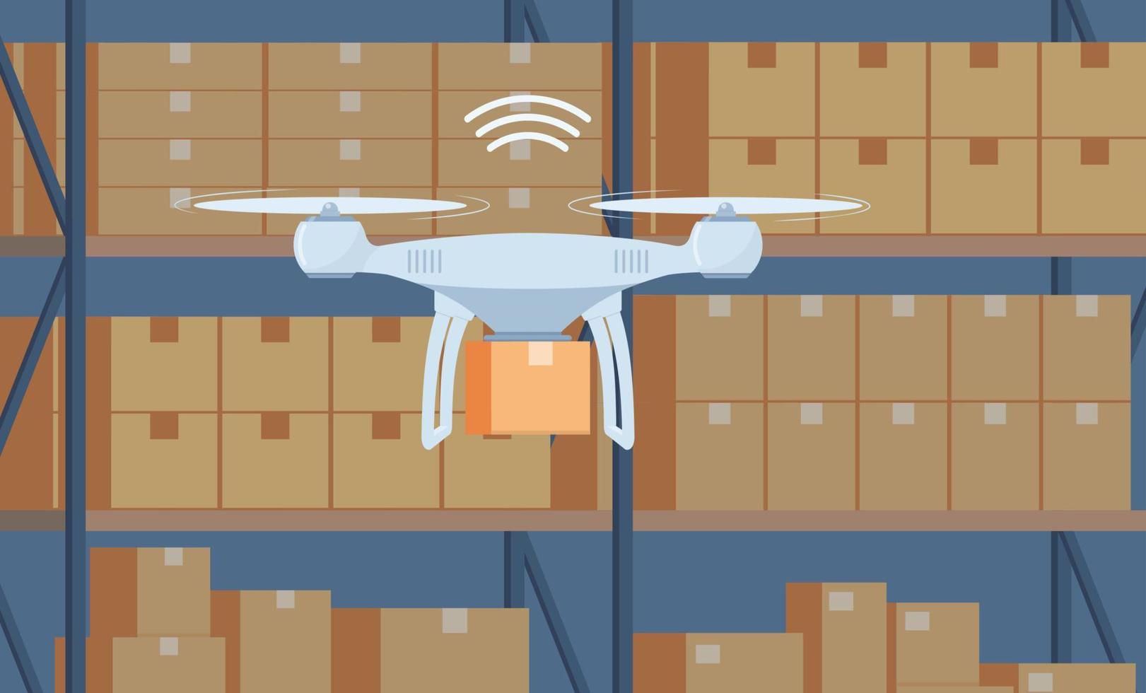 Drone working in modern warehouse. Fast delivery. Vector illustration.