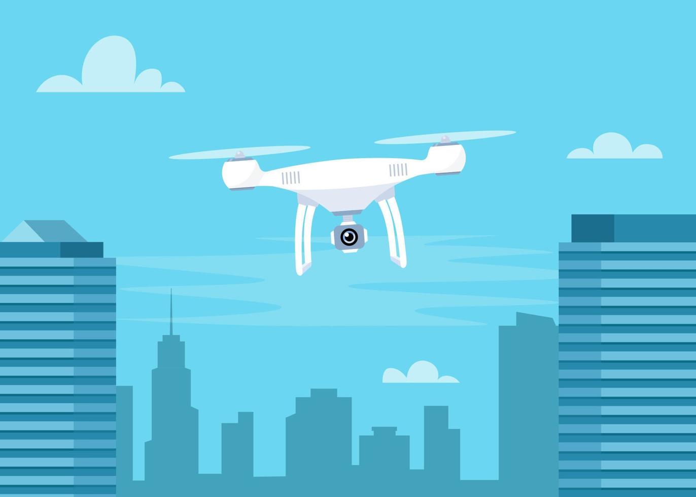 Drone with action Camera. Air Video and Photography. Flying drone with camera over the city. Vector illustration for banner.