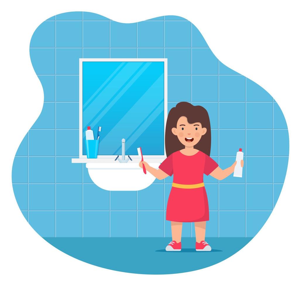 niña sonriente feliz sosteniendo cepillo de dientes y tubo de pasta de dientes, de pie en un baño. odontología infantil e higiene dental. niños usando clipart motivacional de cepillo de dientes. ilustración vectorial plana. vector