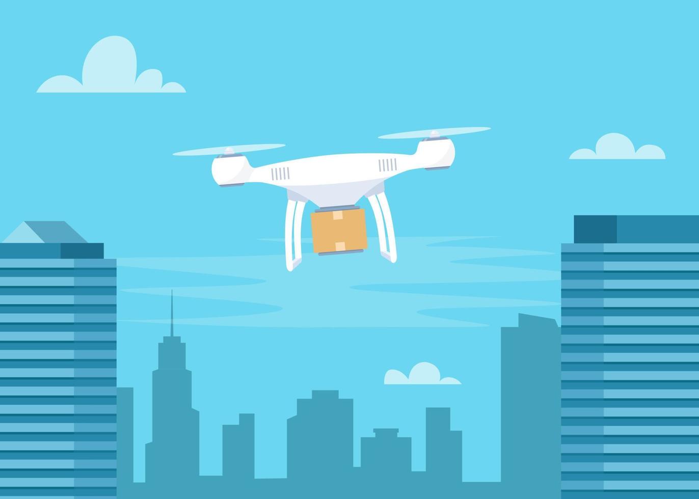 Delivery drone with the cardboard box flying over the town. Drone carrying a package to customer. Technological shipment innovation. Drone delivery service. vector