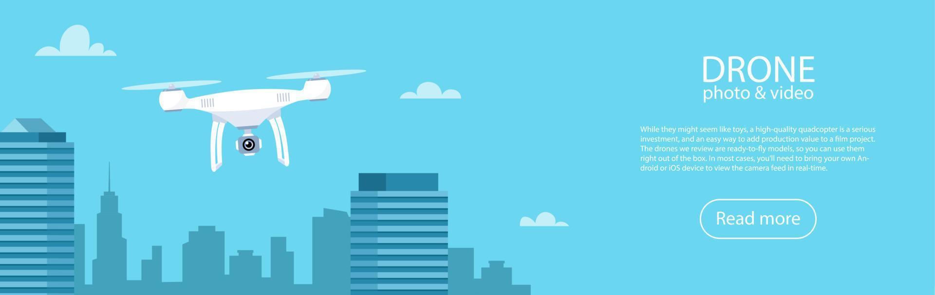 dron con cámara de acción. video aéreo y fotografía. drone volador con cámara sobre la ciudad. ilustración vectorial para banner. vector