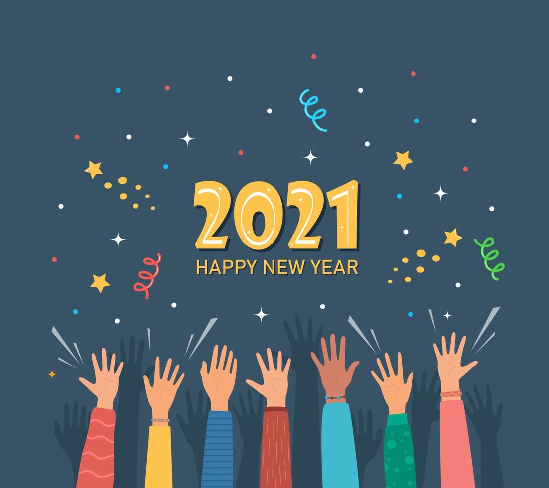 Raised hands of happy people celebrating New Year. Crowd of people at party. People celebrate. Firecrackers, confetti, fireworks, carnival. New Year greeting card. Vector illustration.