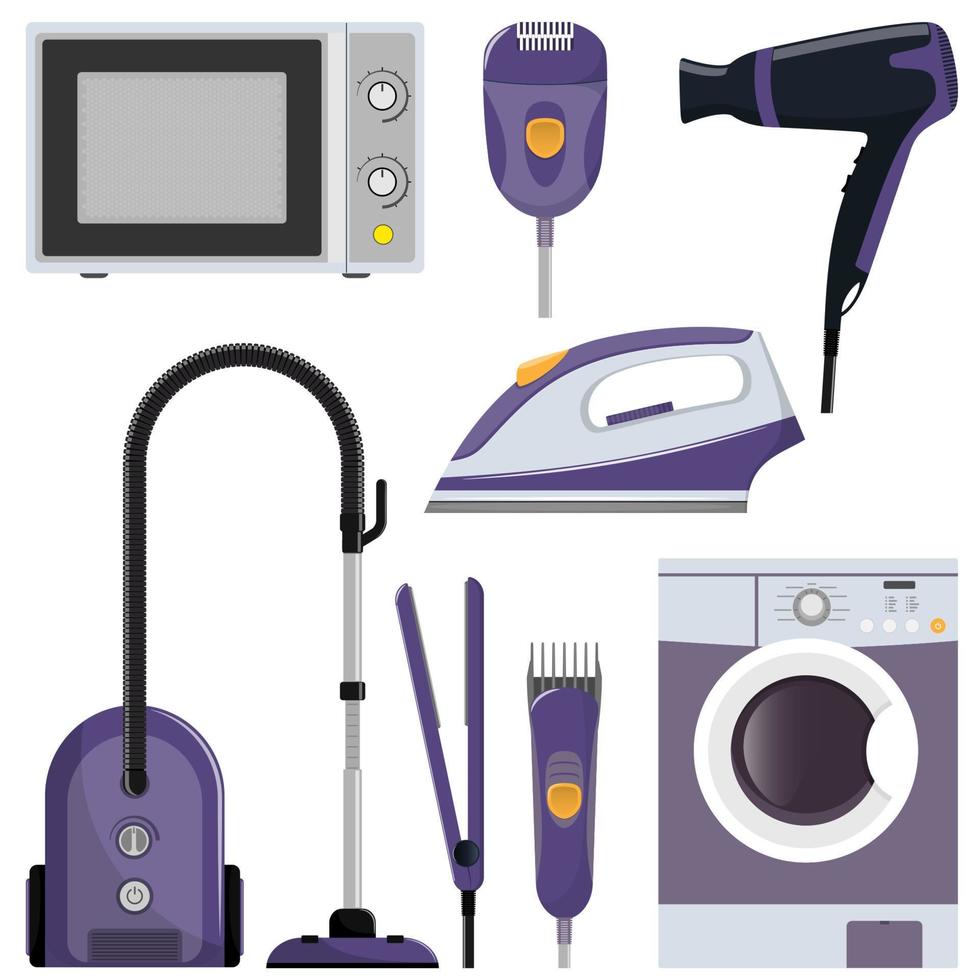 Modern household appliances, set. Washing machine, vacuum cleaner, iron, microwave, hairdryer, epilator, hair clipper. Vector illustration isolated on white background.