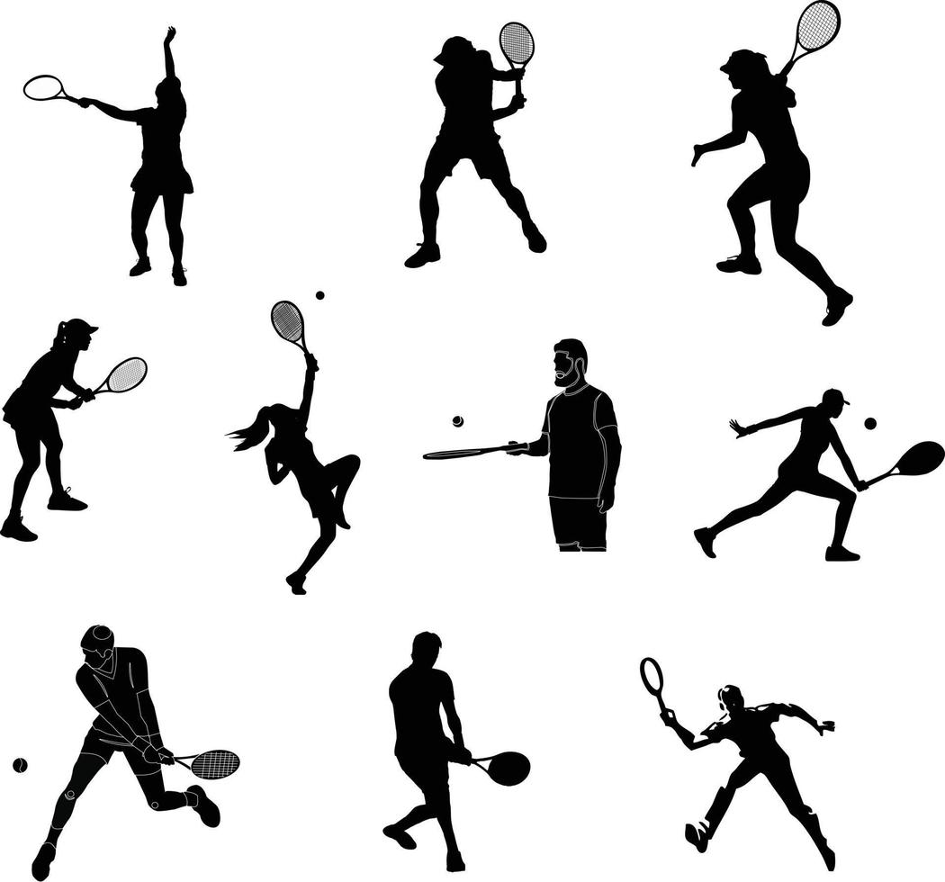 A set of tennis player man and woman silhouette sports people design elements vector