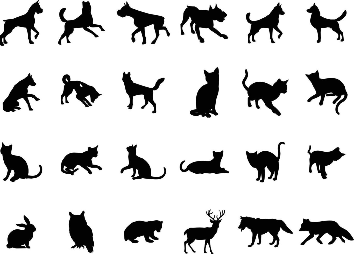 silueta vectorial de animales salvajes y pájaros e indios, silueta negra de indios, león, tigre, lobo, águila, cuervo, urraca vector