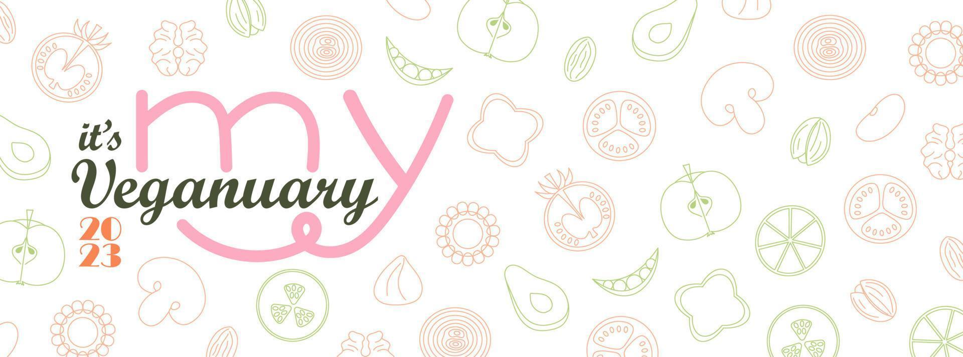 My Veganuary 2023 vector background with doodle vegetables