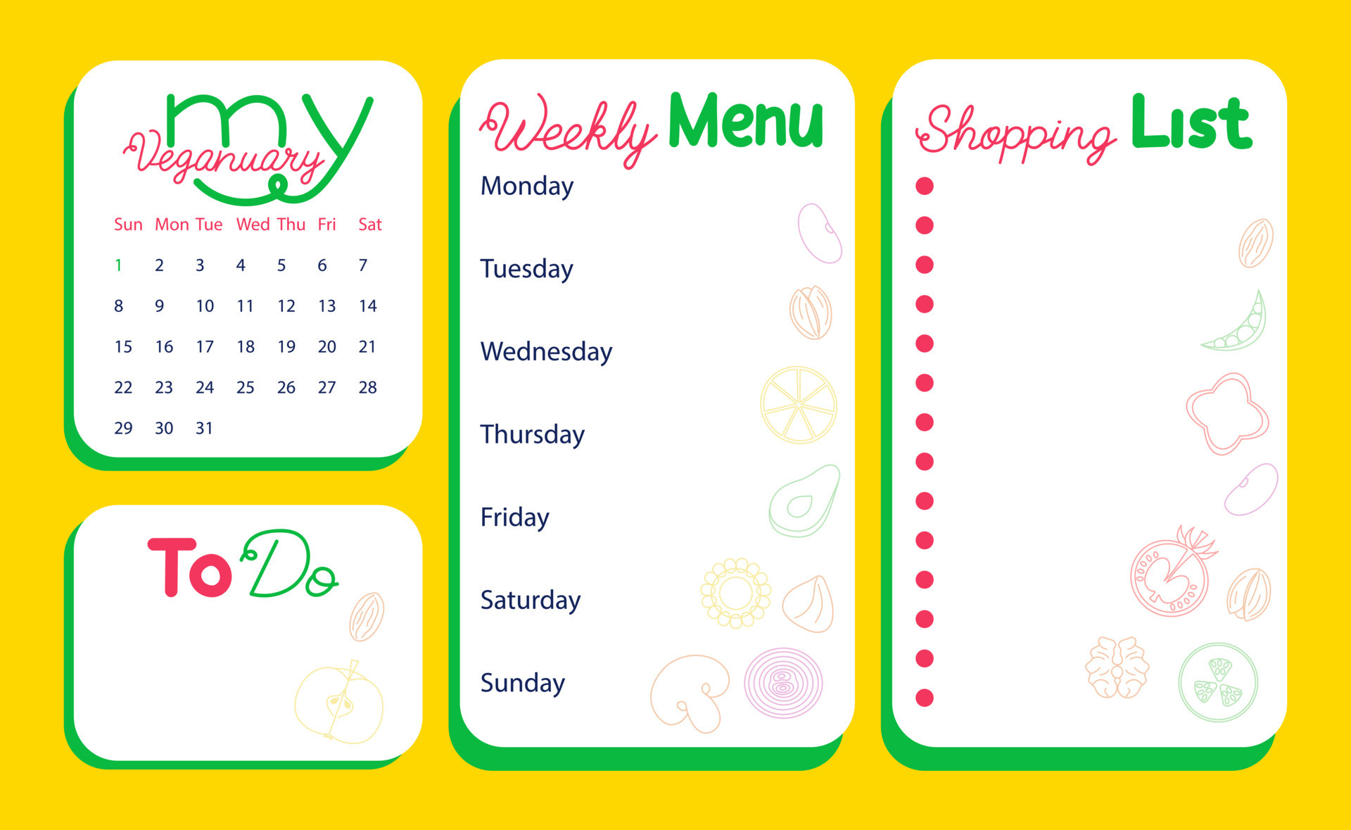 Veganuary calendar page and menu planner vector illustration 16742805 Vector Art at Vecteezy