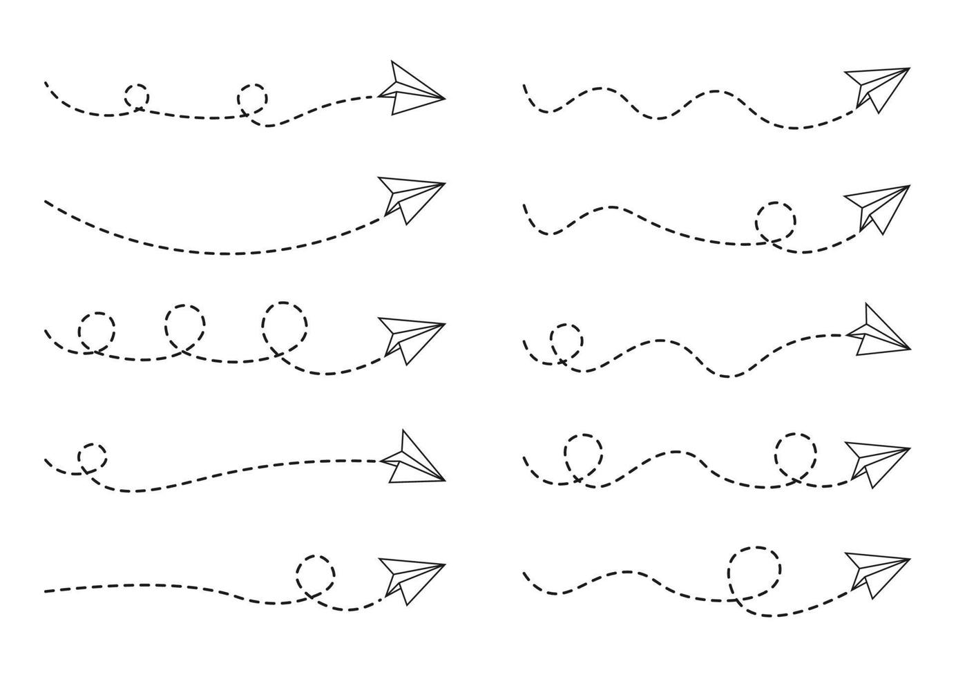 conjunto de ruta de avión de papel de línea discontinua vector