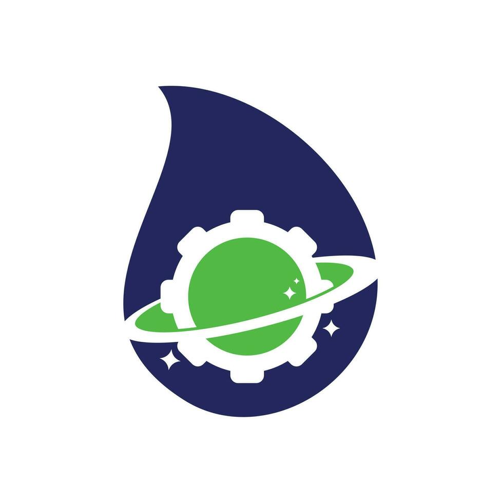 Planet gear drop shape concept logo icon vector. Gear Planet Icon Logo Design Element vector