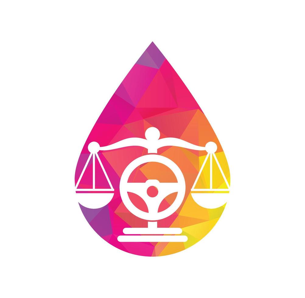 Wheel law drop shape concept vector logo design template. Steering and balance icon design.