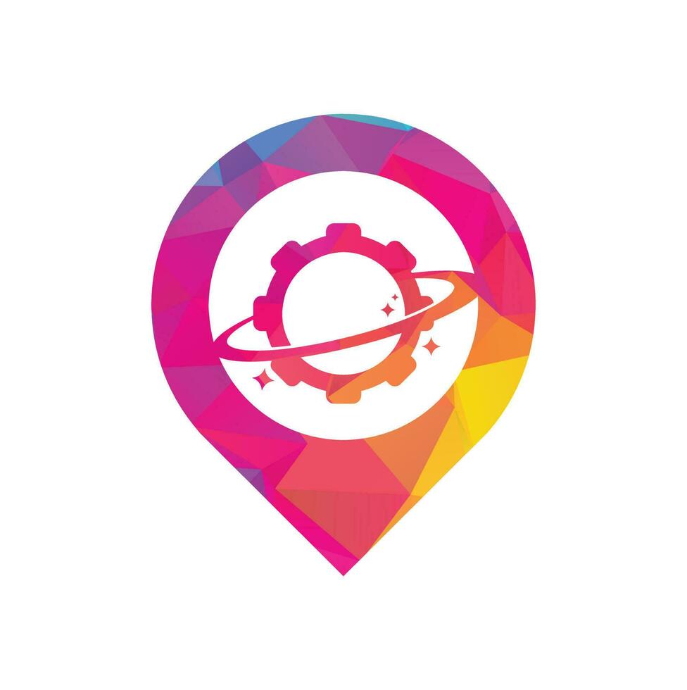 Planet gear map pin shape concept logo icon vector. Gear Planet Icon Logo Design Element vector