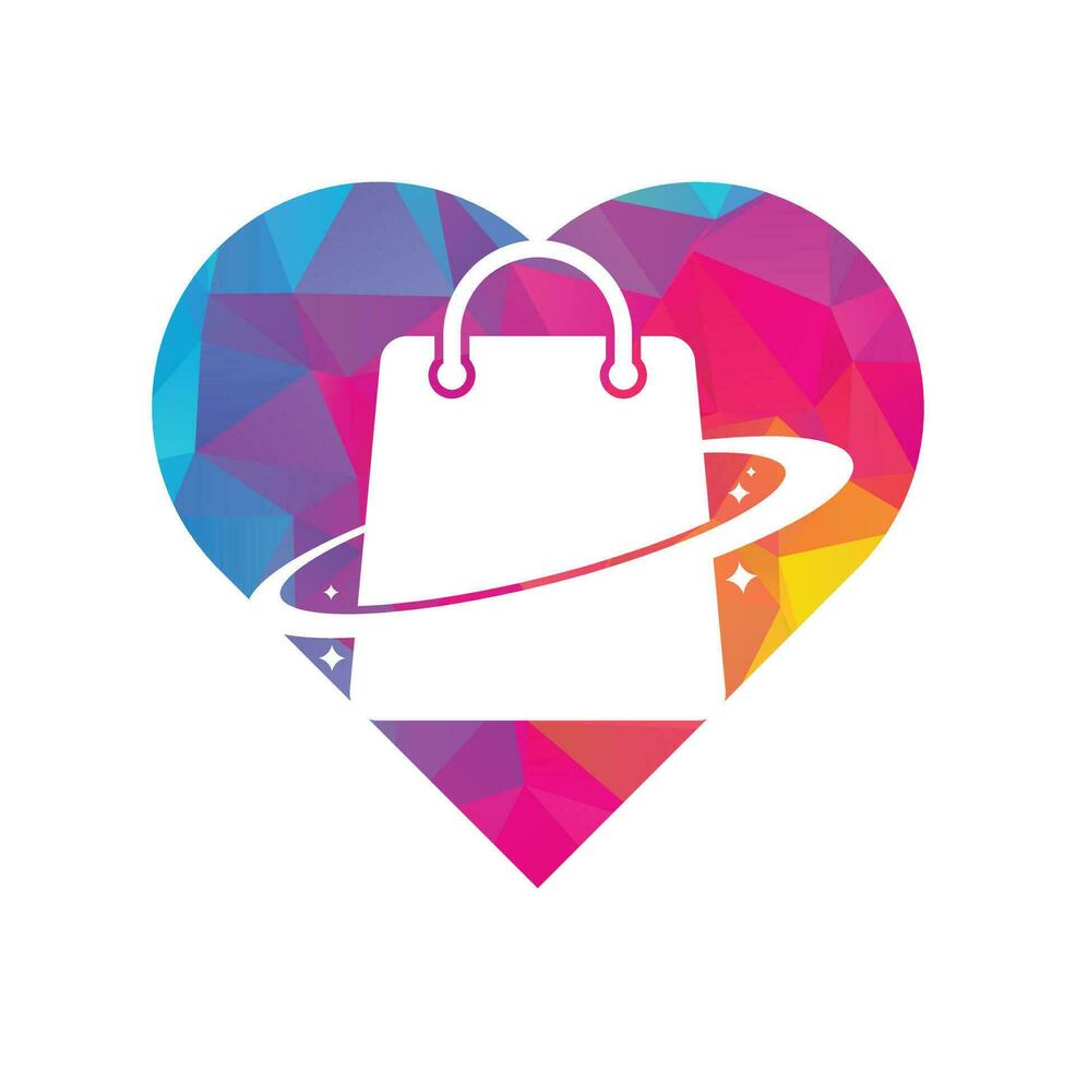 Planet Shop heart shape concept Logo Template Design. Galaxy shopping Bag Vector Logo Design Template.