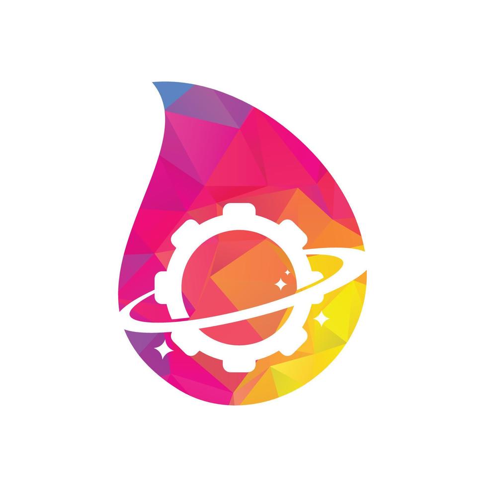 vector de icono de logotipo de concepto de forma de gota de engranaje planetario. elemento de diseño del logotipo del icono del planeta del engranaje