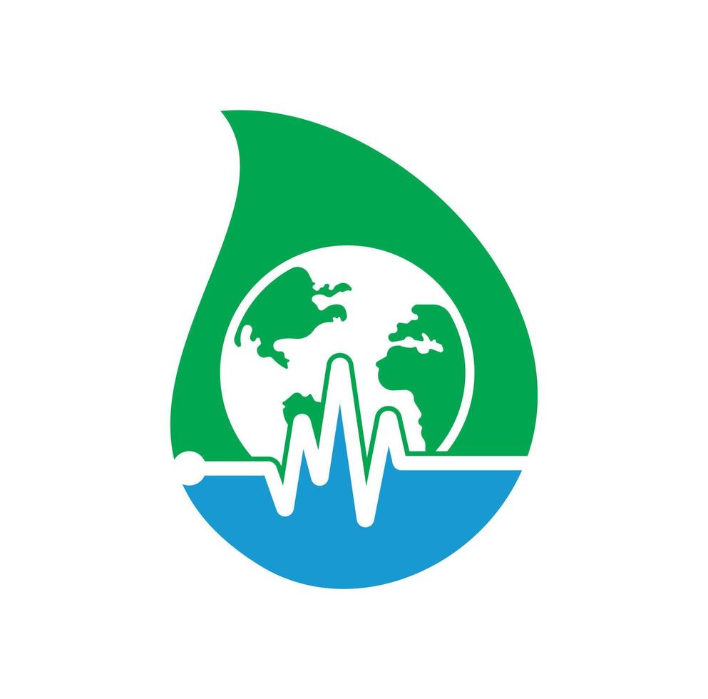 Pulse globe drop shape concept vector logo design icon. Earth globe icon with heart beat.