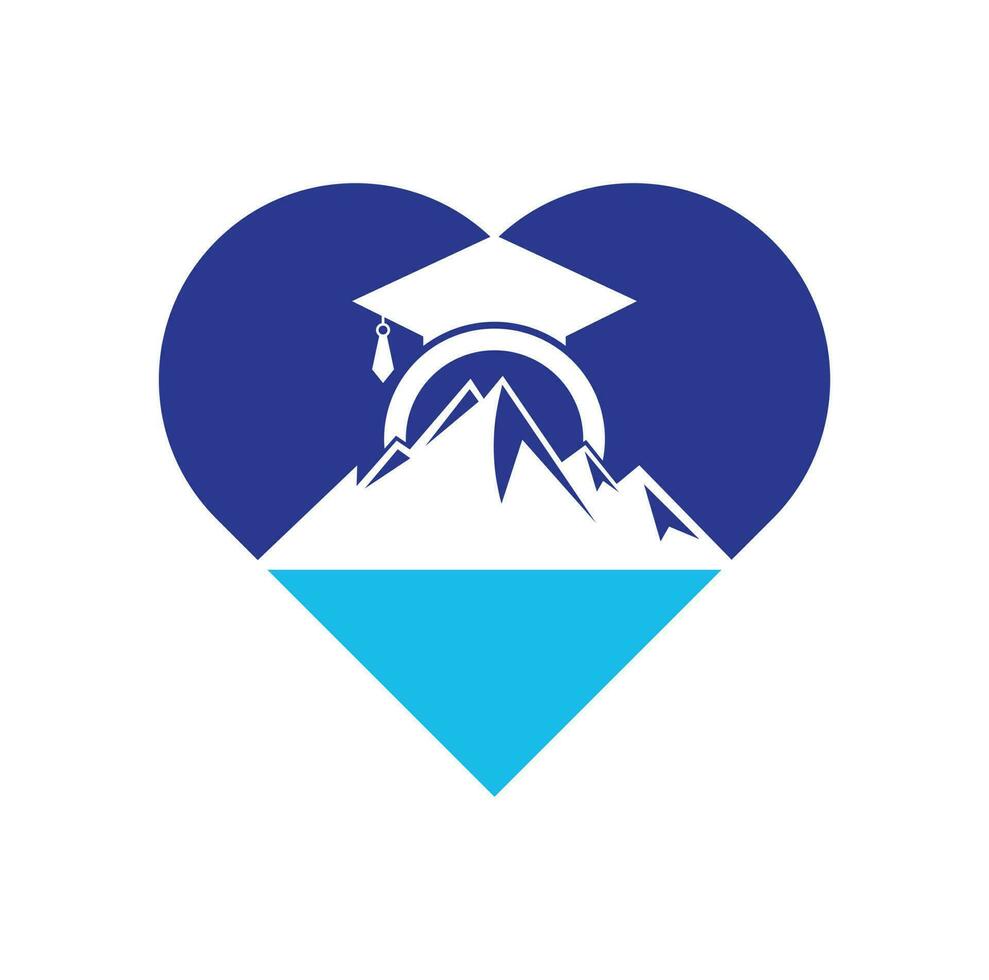 Mountain education heart shape concept logo design icon template. Mountain education cap logo design inspiration vector