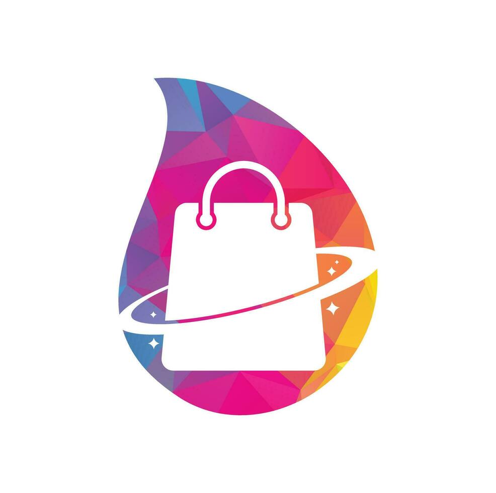 Planet Shop drop shape concept Logo Template Design. Galaxy shopping Bag Vector Logo Design Template.